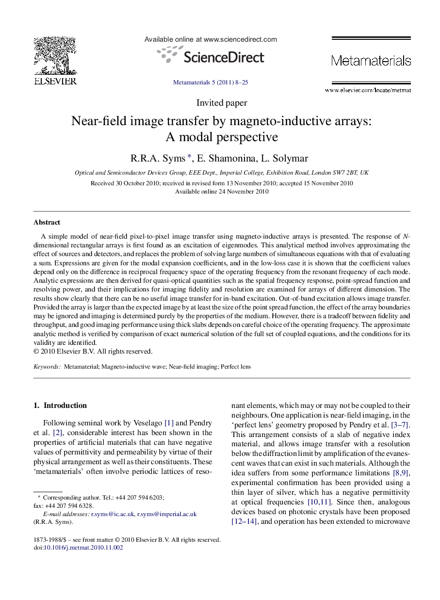 عکس صفحه اول مقاله: Near-field image transfer by magneto-inductive arrays: A modal perspective Near-field image transfer by magneto-inductive arrays: A modal perspective
