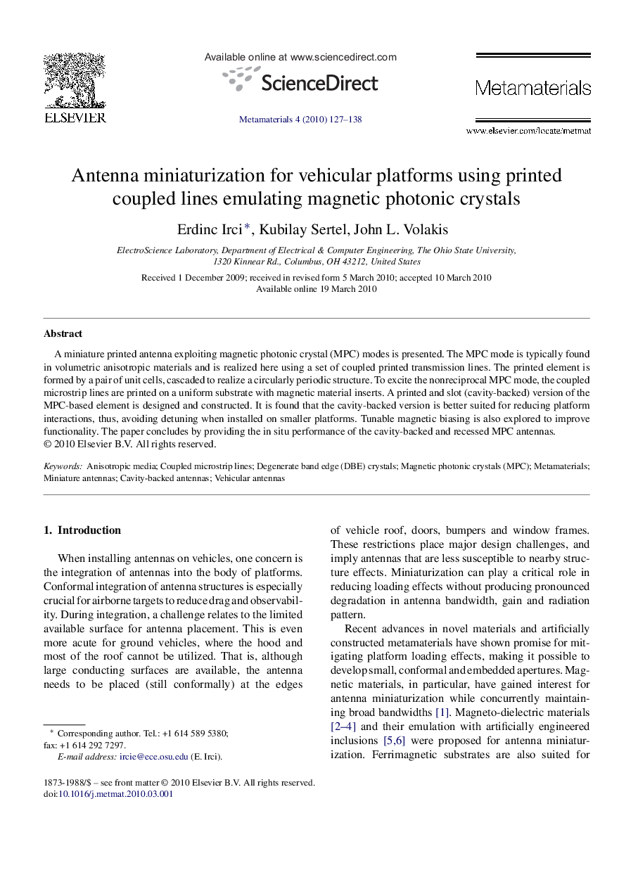 Antenna miniaturization for vehicular platforms using printed coupled lines emulating magnetic photonic crystals