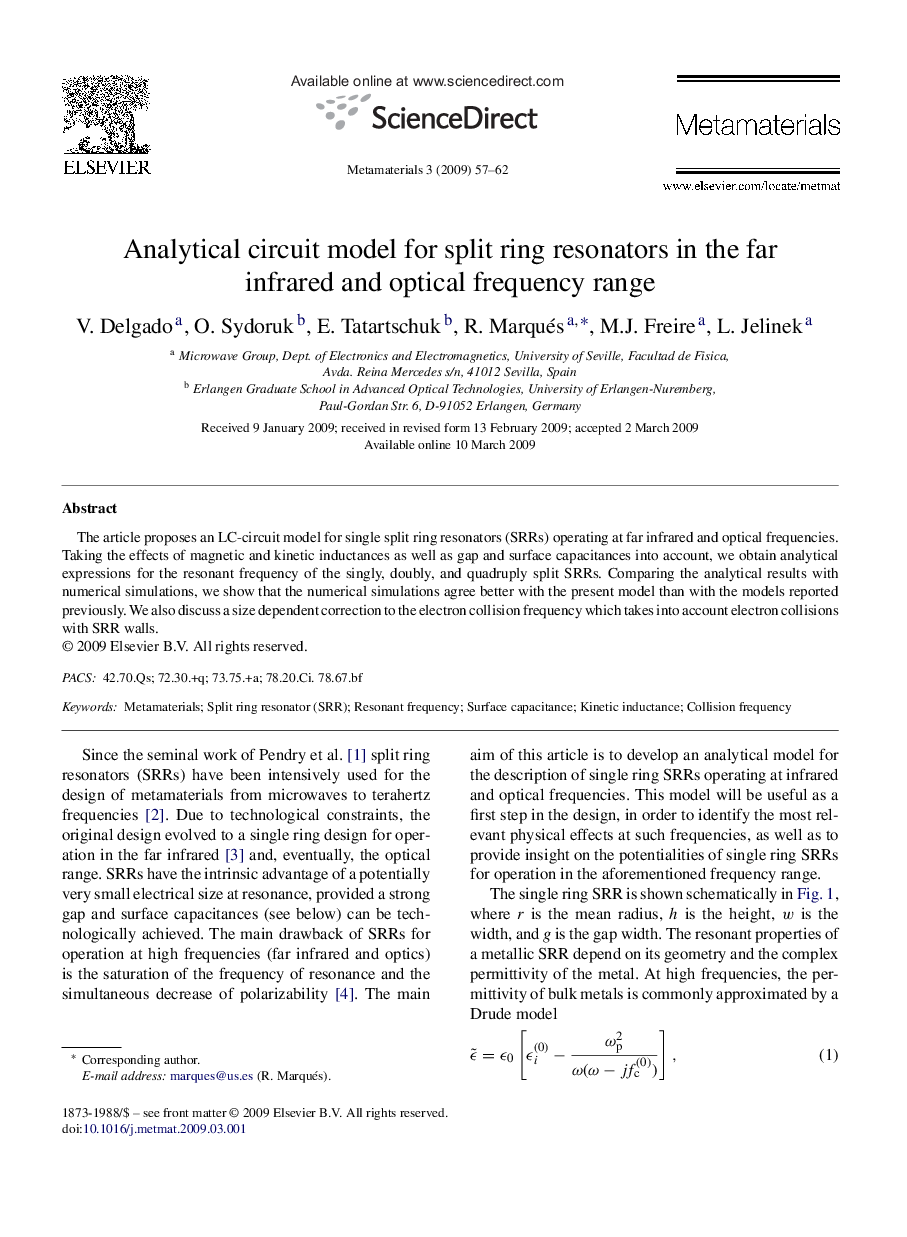 Analytical circuit model for split ring resonators in the far infrared and optical frequency range