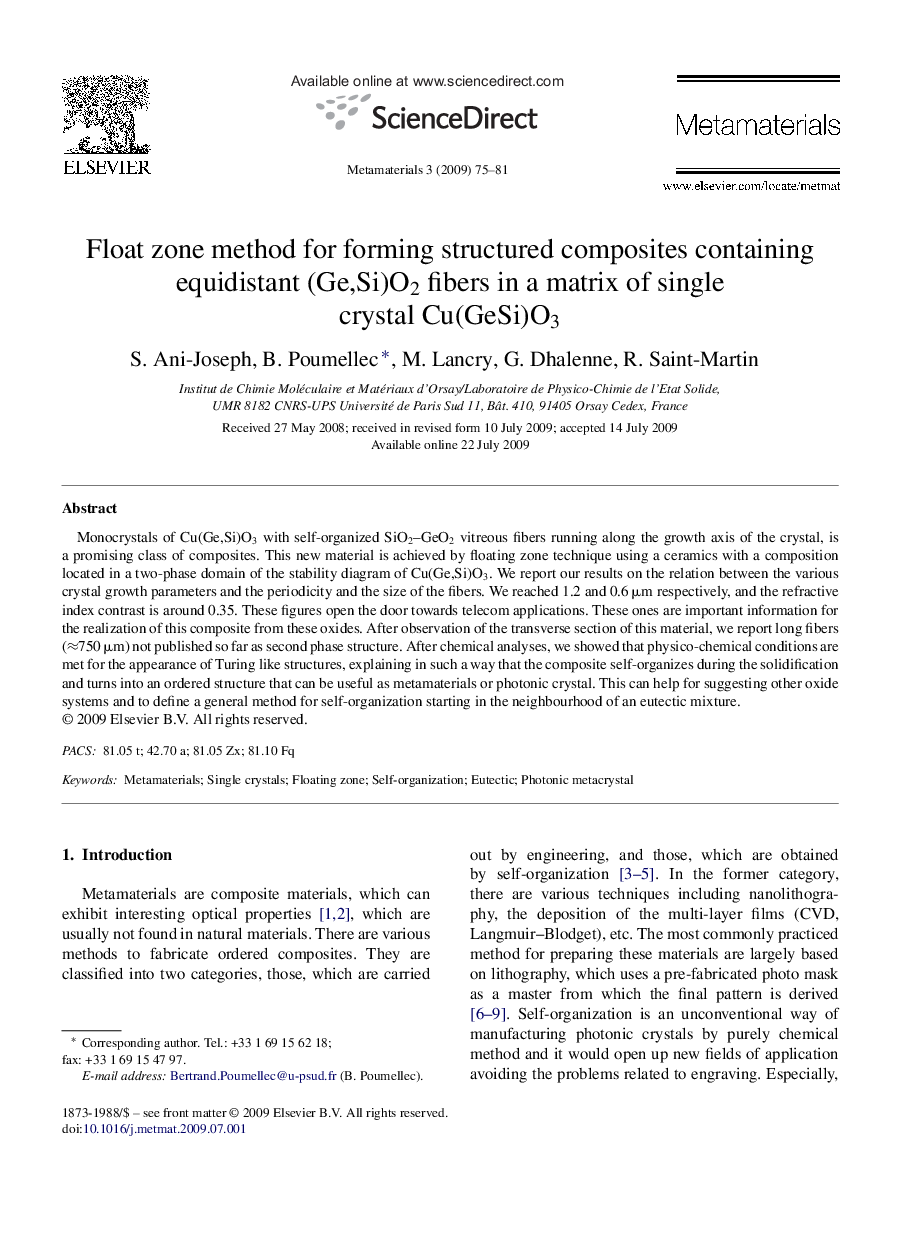 Float zone method for forming structured composites containing equidistant (Ge,Si)O2 fibers in a matrix of single crystal Cu(GeSi)O3