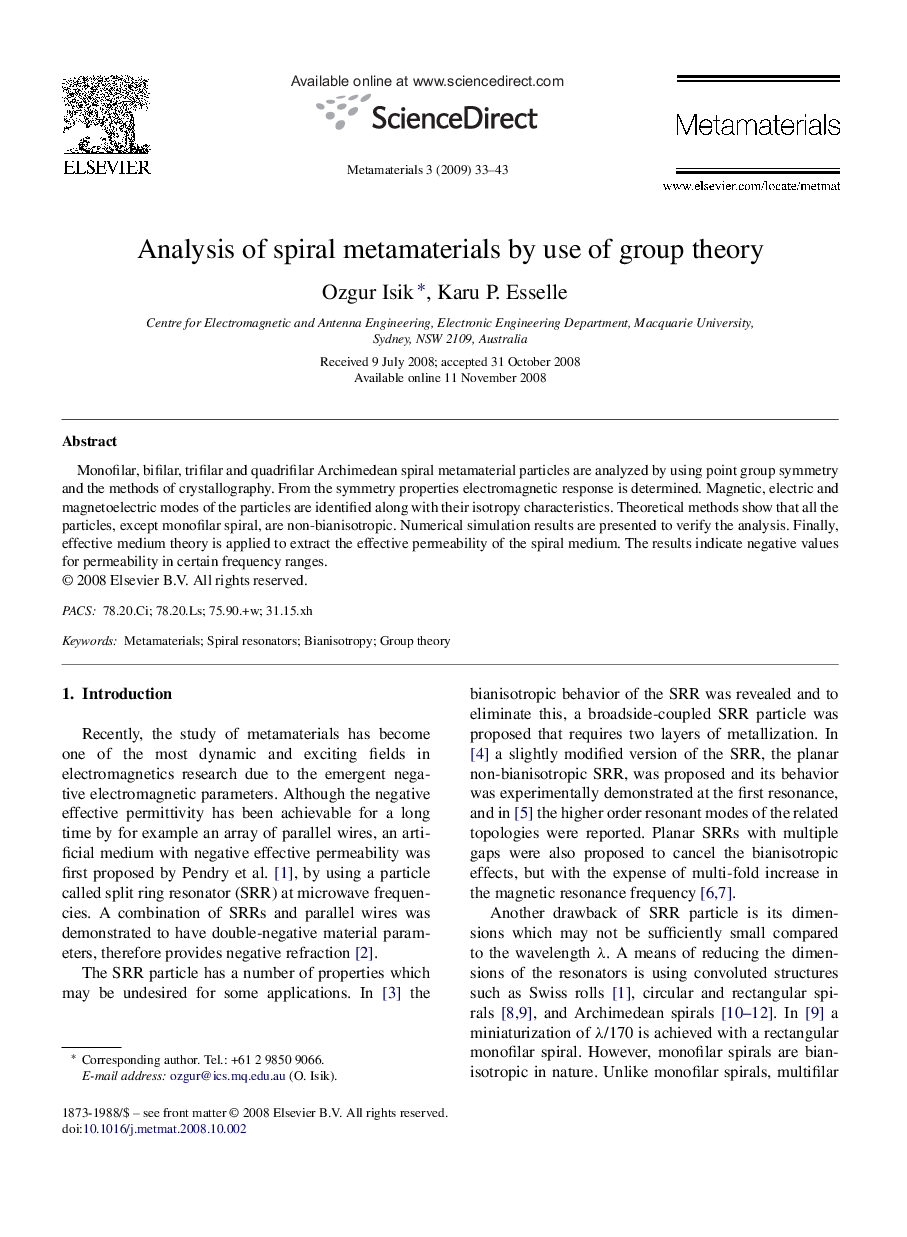 Analysis of spiral metamaterials by use of group theory