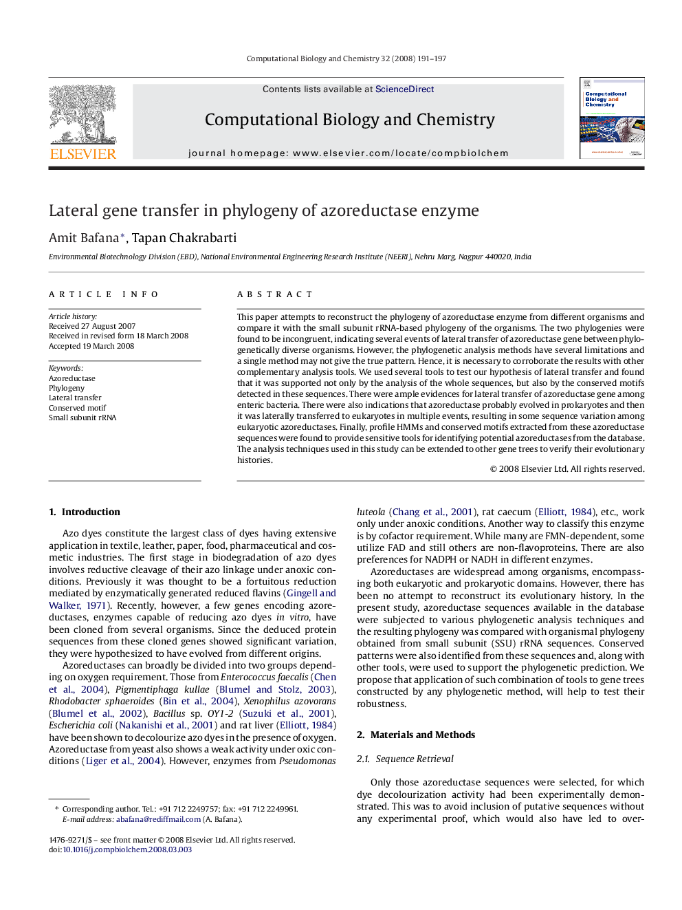 Lateral gene transfer in phylogeny of azoreductase enzyme