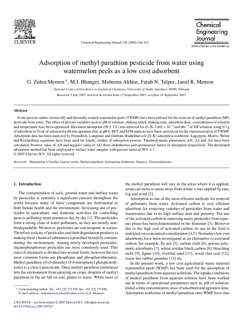 Adsorption of methyl parathion pesticide from water using watermelon peels as a low cost adsorbent