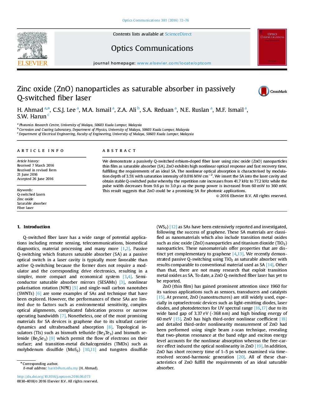 Zinc oxide (ZnO) nanoparticles as saturable absorber in passively Q-switched fiber laser