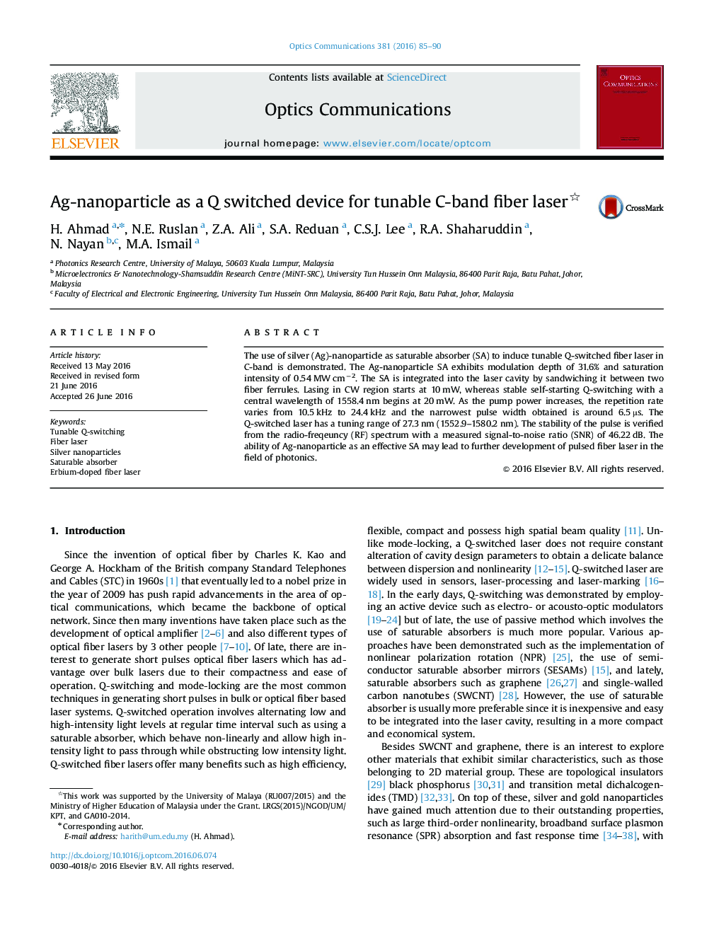 Ag-nanoparticle as a Q switched device for tunable C-band fiber laser 