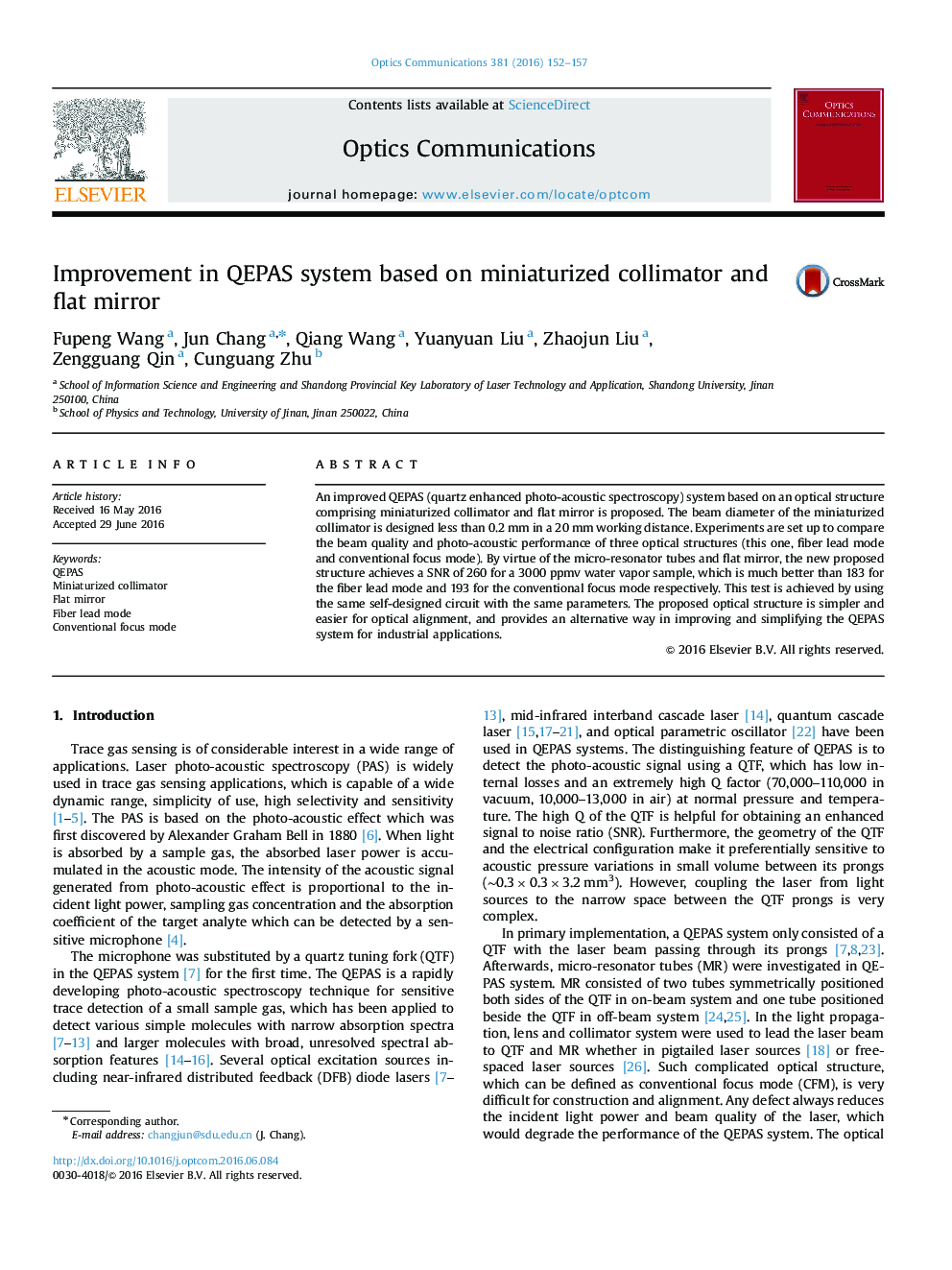 Improvement in QEPAS system based on miniaturized collimator and flat mirror