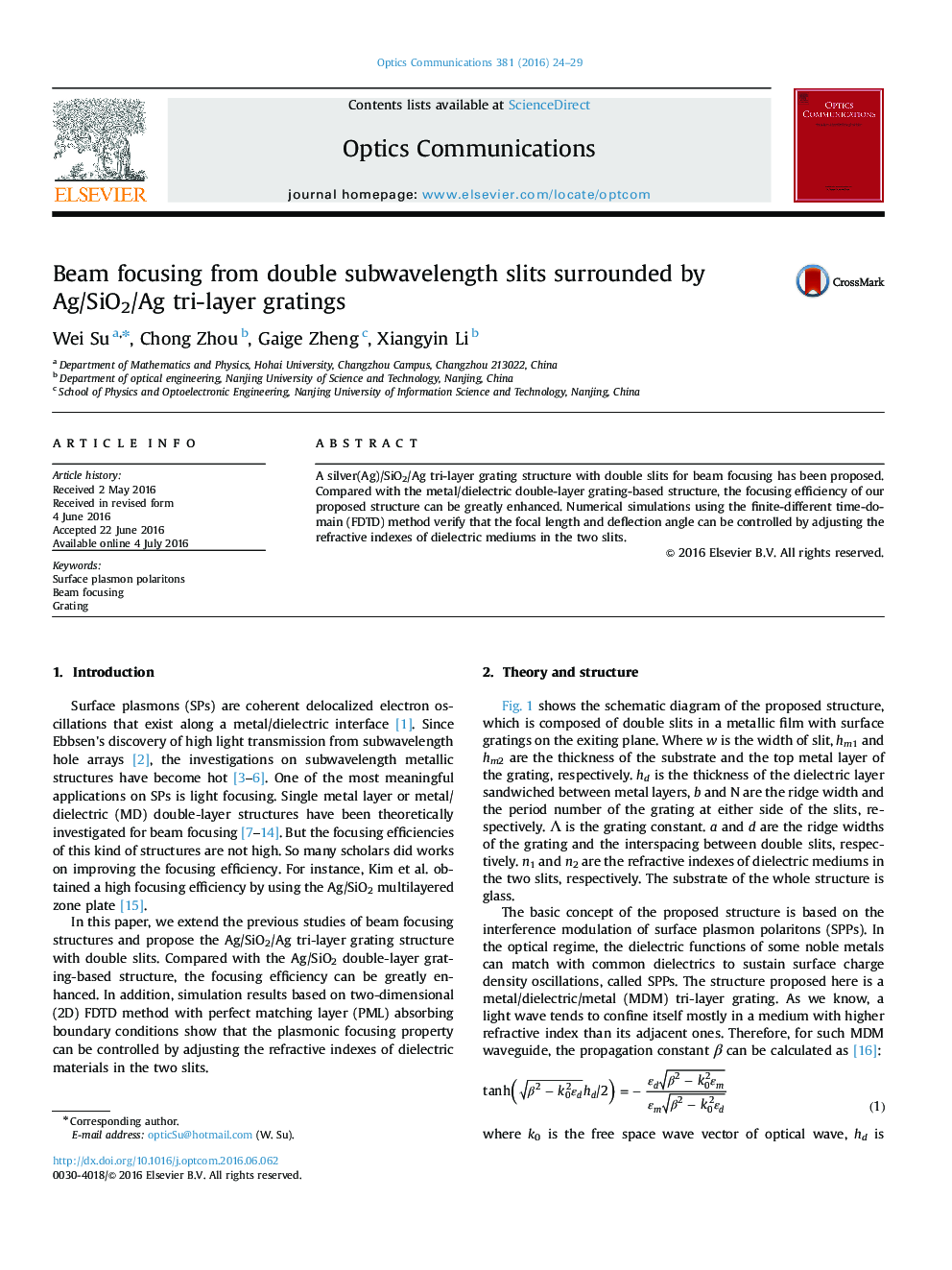 Beam focusing from double subwavelength slits surrounded by Ag/SiO2/Ag tri-layer gratings