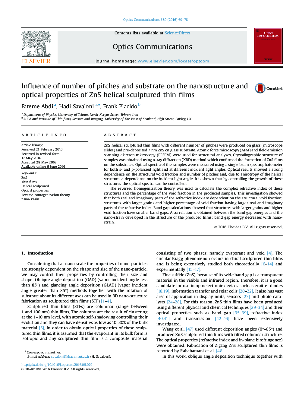 عکس صفحه اول مقاله: Influence of number of pitches and substrate on the nanostructure and optical properties of ZnS helical sculptured thin films Influence of number of pitches and substrate on the nanostructure and optical properties of ZnS helical sculptured thin films