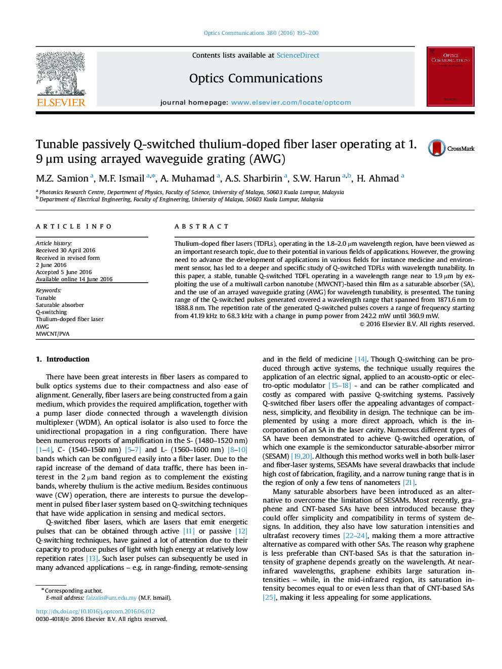 Tunable passively Q-switched thulium-doped fiber laser operating at 1.9 μm using arrayed waveguide grating (AWG)