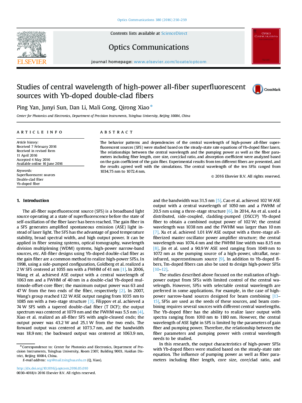 Studies of central wavelength of high-power all-fiber superfluorescent sources with Yb-doped double-clad fibers