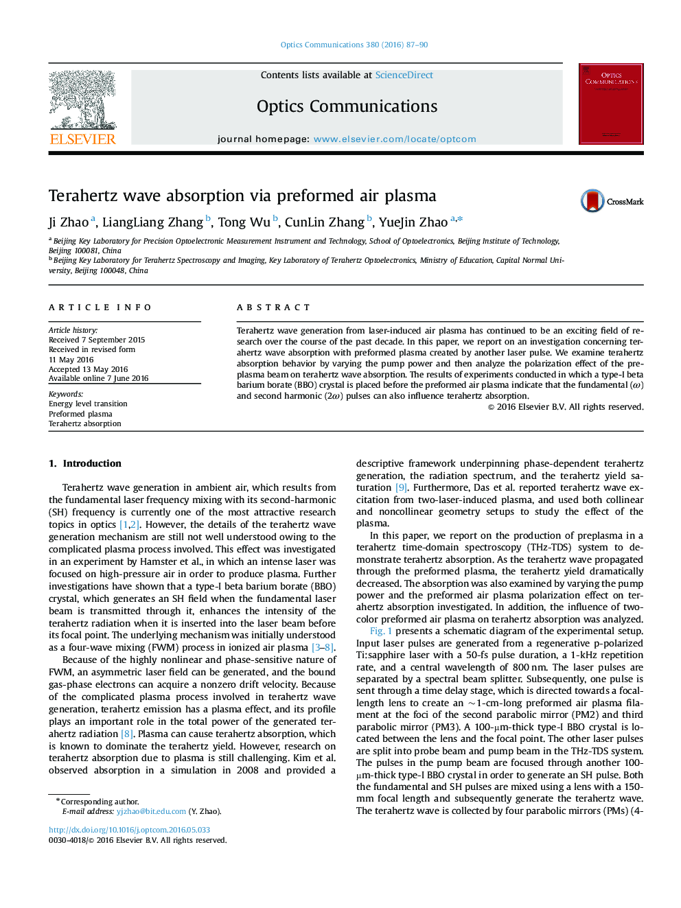 عکس صفحه اول مقاله: Terahertz wave absorption via preformed air plasma Terahertz wave absorption via preformed air plasma