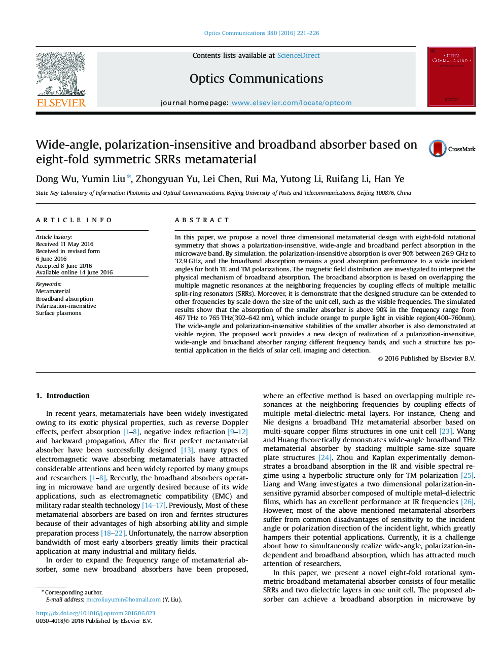 Wide-angle, polarization-insensitive and broadband absorber based on eight-fold symmetric SRRs metamaterial