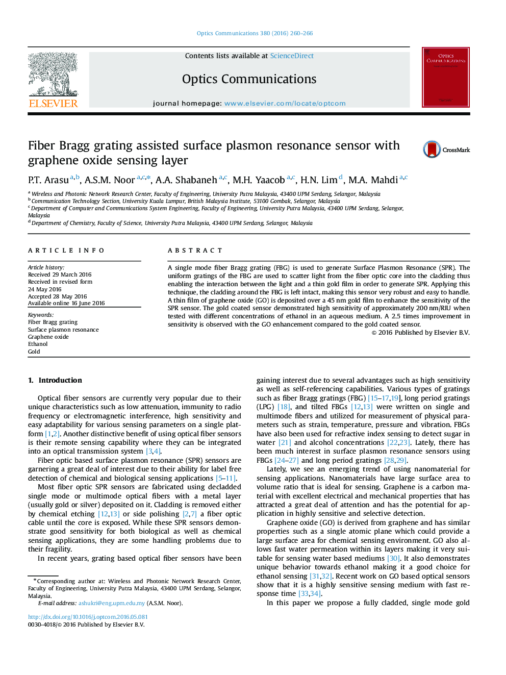 Fiber Bragg grating assisted surface plasmon resonance sensor with graphene oxide sensing layer