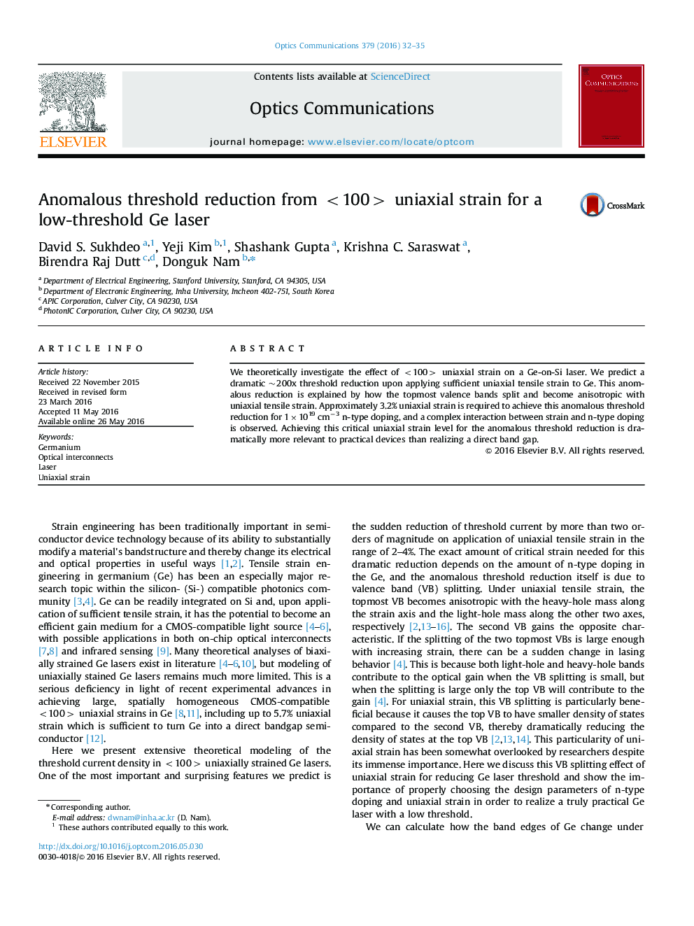 Anomalous threshold reduction from <100> uniaxial strain for a low-threshold Ge laser