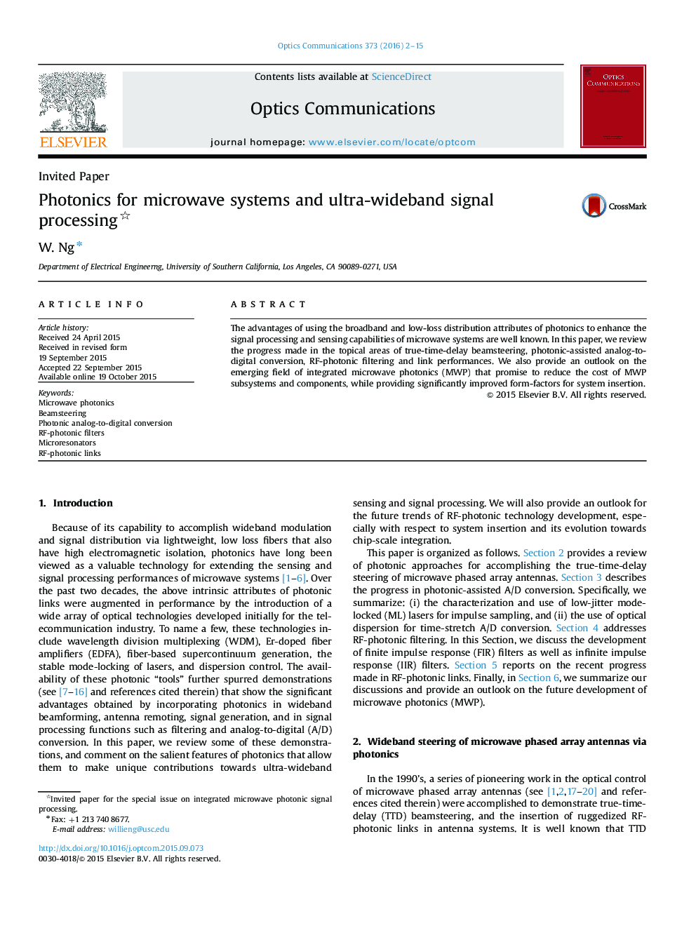 Photonics for microwave systems and ultra-wideband signal processing 