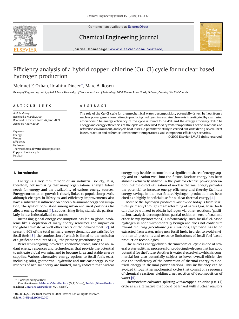 Efficiency analysis of a hybrid copper–chlorine (Cu–Cl) cycle for nuclear-based hydrogen production