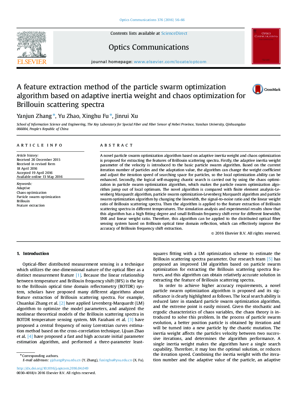 A feature extraction method of the particle swarm optimization algorithm based on adaptive inertia weight and chaos optimization for Brillouin scattering spectra