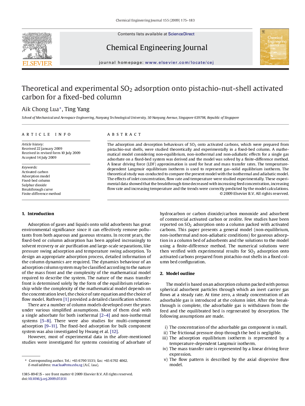 Theoretical and experimental SO2 adsorption onto pistachio-nut-shell activated carbon for a fixed-bed column