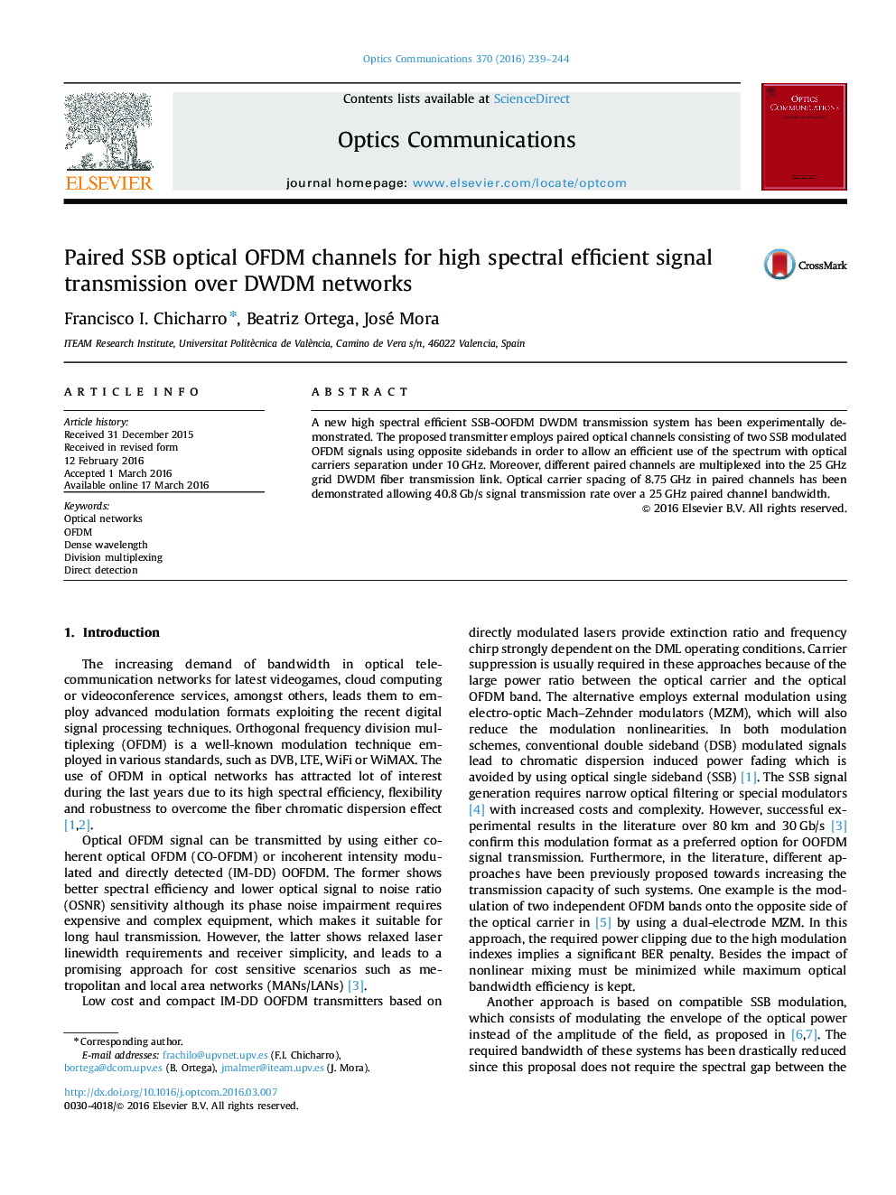 Paired SSB optical OFDM channels for high spectral efficient signal transmission over DWDM networks