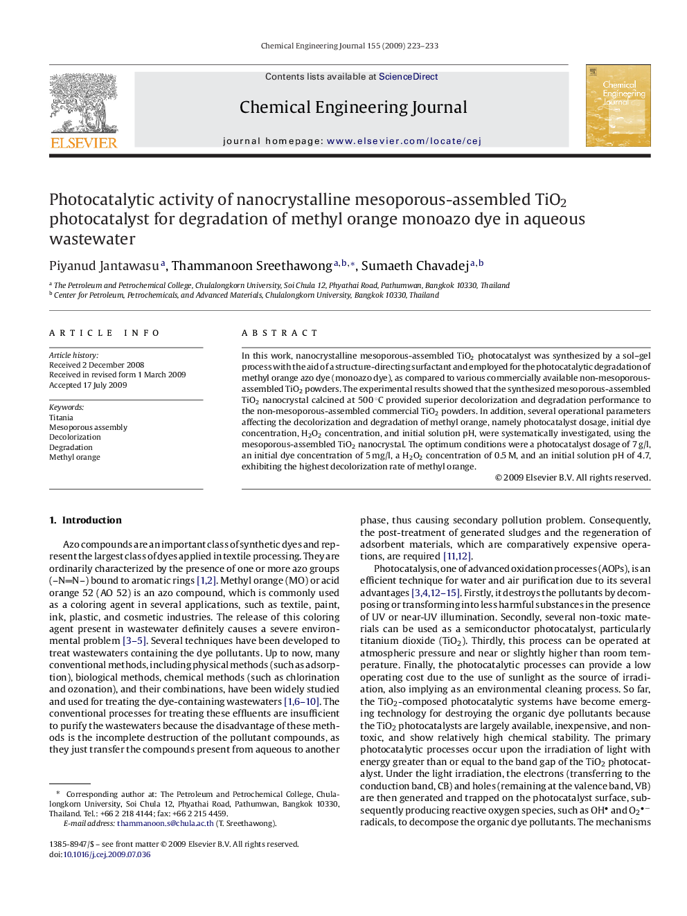 Photocatalytic activity of nanocrystalline mesoporous-assembled TiO2 photocatalyst for degradation of methyl orange monoazo dye in aqueous wastewater