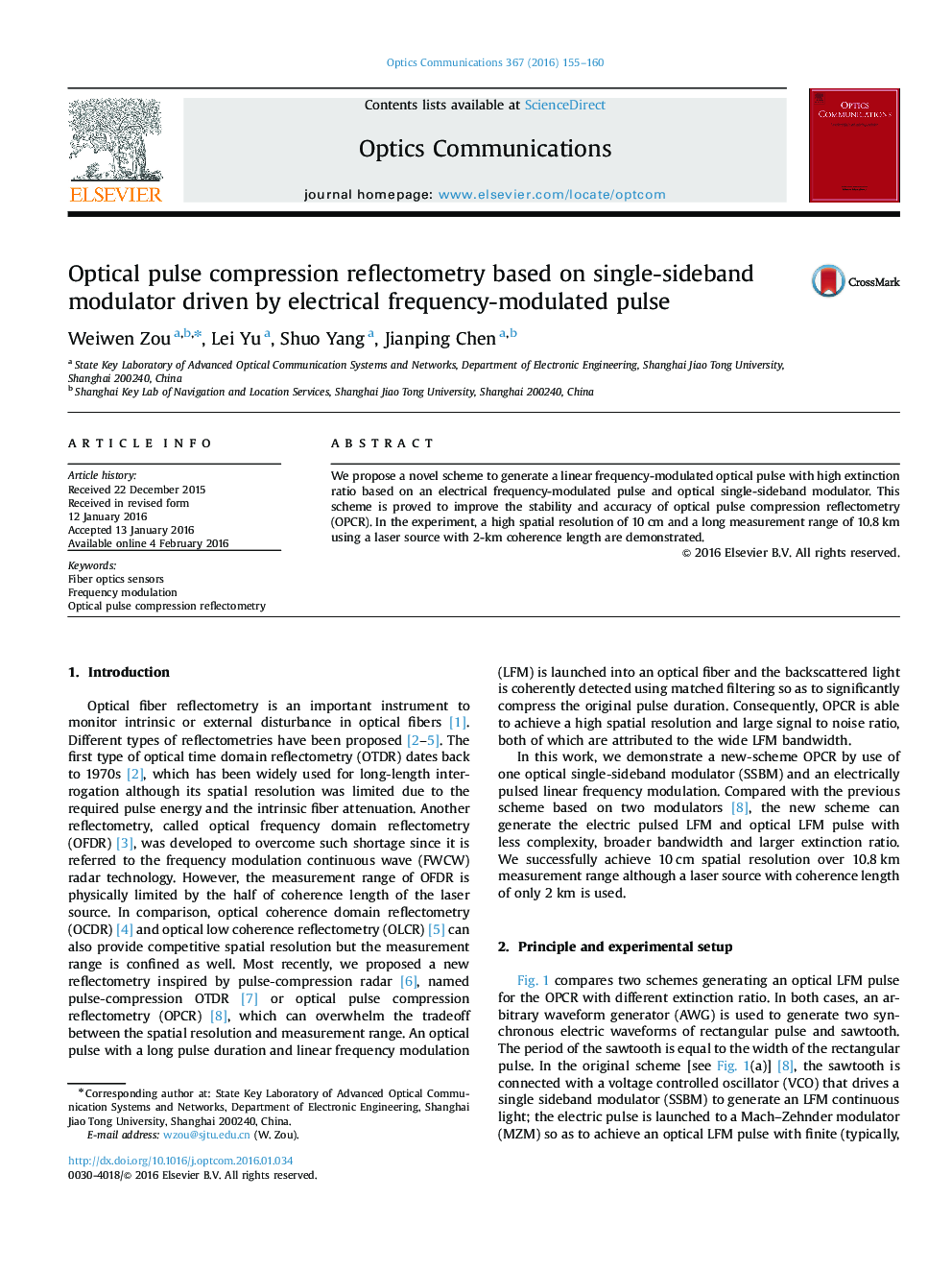 Optical pulse compression reflectometry based on single-sideband modulator driven by electrical frequency-modulated pulse