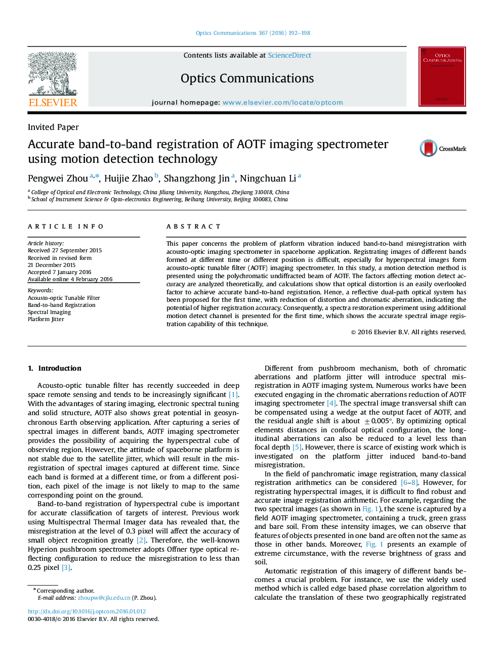 Accurate band-to-band registration of AOTF imaging spectrometer using motion detection technology
