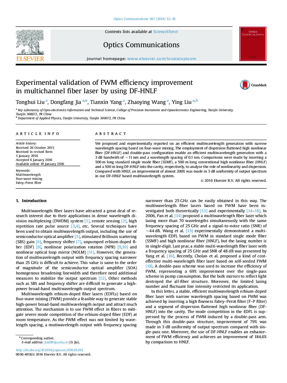 Experimental validation of FWM efficiency improvement in multichannel fiber laser by using DF-HNLF