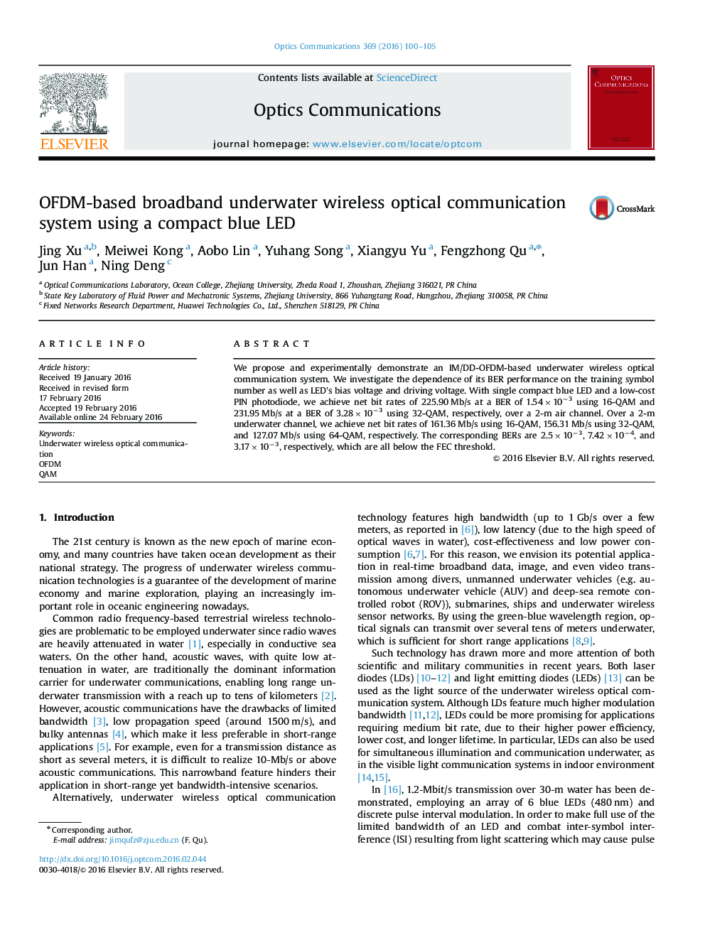 OFDM-based broadband underwater wireless optical communication system using a compact blue LED