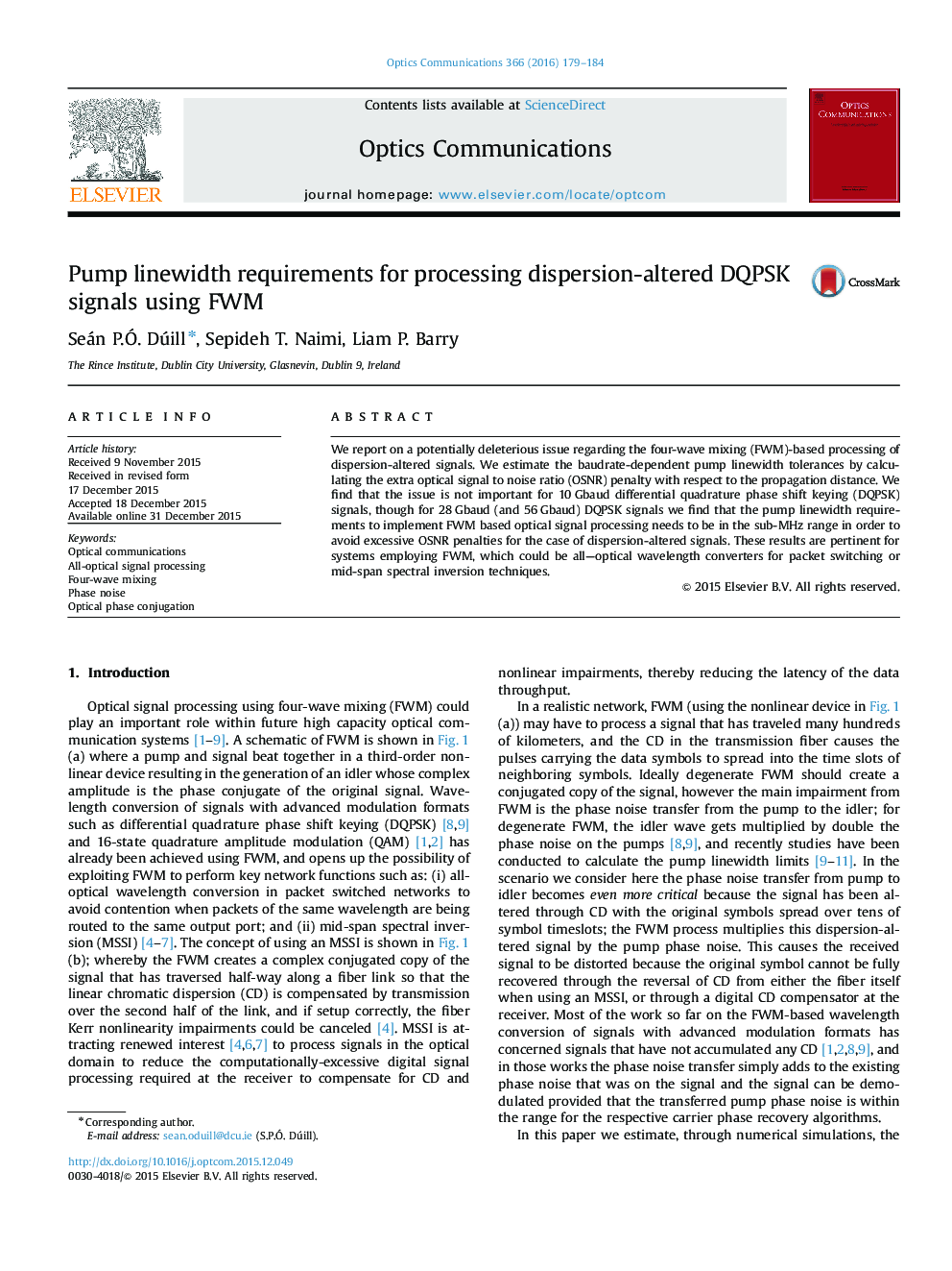 Pump linewidth requirements for processing dispersion-altered DQPSK signals using FWM