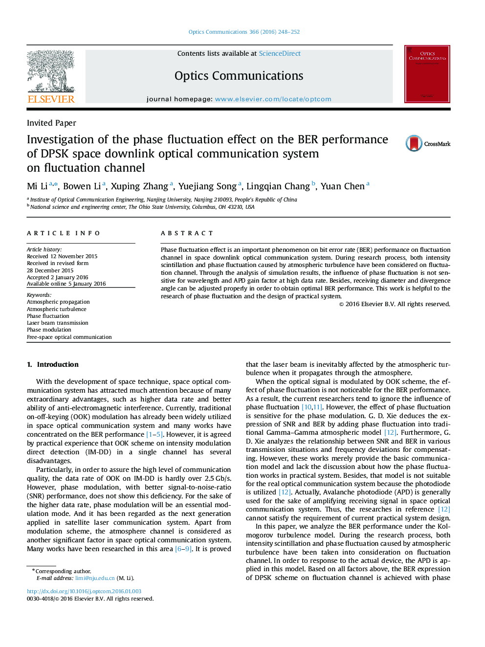 Investigation of the phase fluctuation effect on the BER performance of DPSK space downlink optical communication system on fluctuation channel