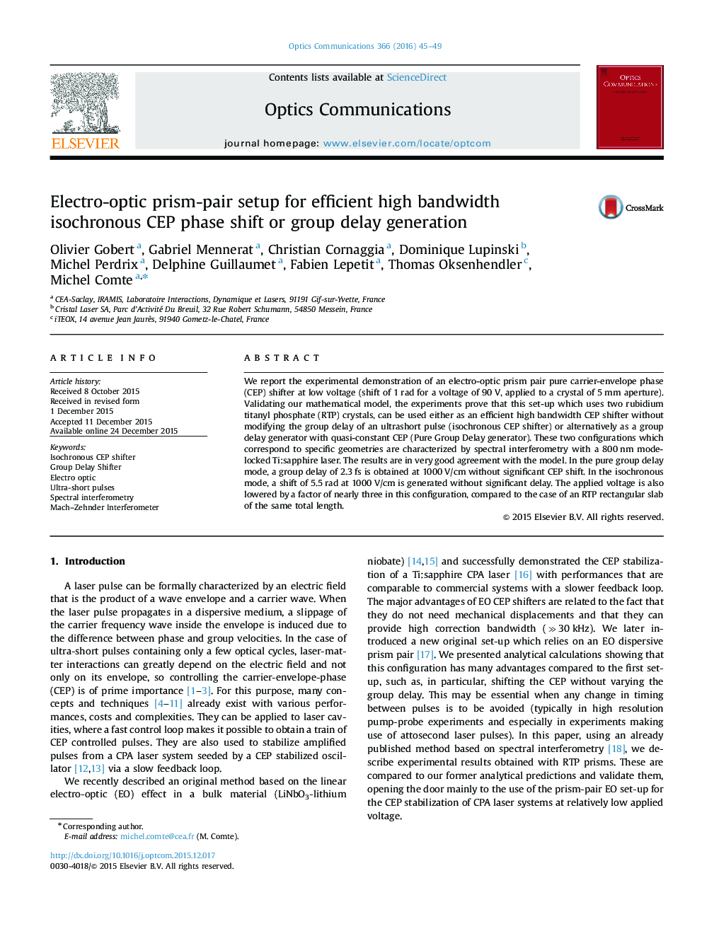 Electro-optic prism-pair setup for efficient high bandwidth isochronous CEP phase shift or group delay generation