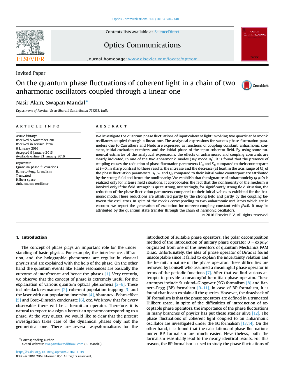 On the quantum phase fluctuations of coherent light in a chain of two anharmonic oscillators coupled through a linear one