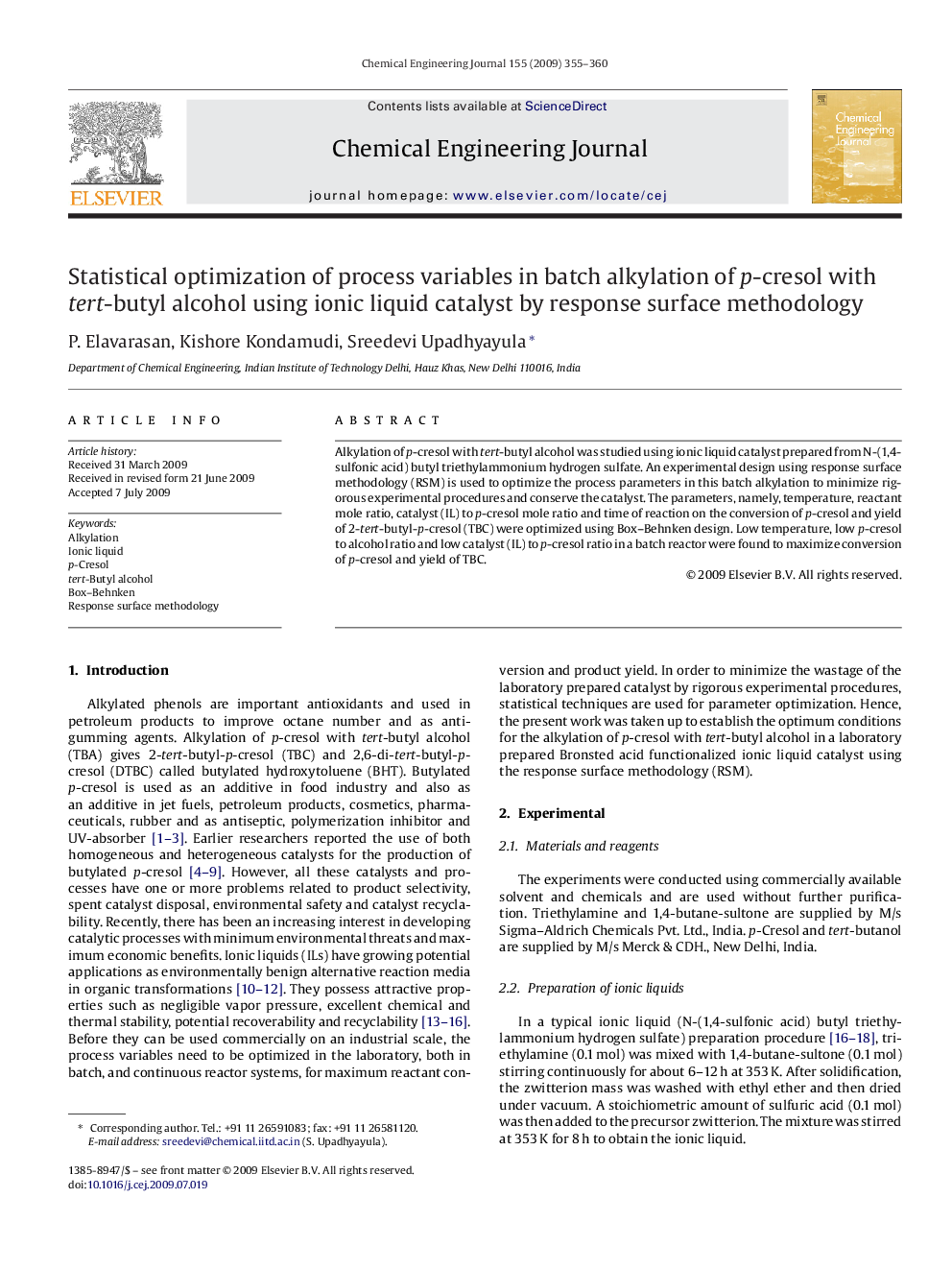 Statistical optimization of process variables in batch alkylation of p-cresol with tert-butyl alcohol using ionic liquid catalyst by response surface methodology