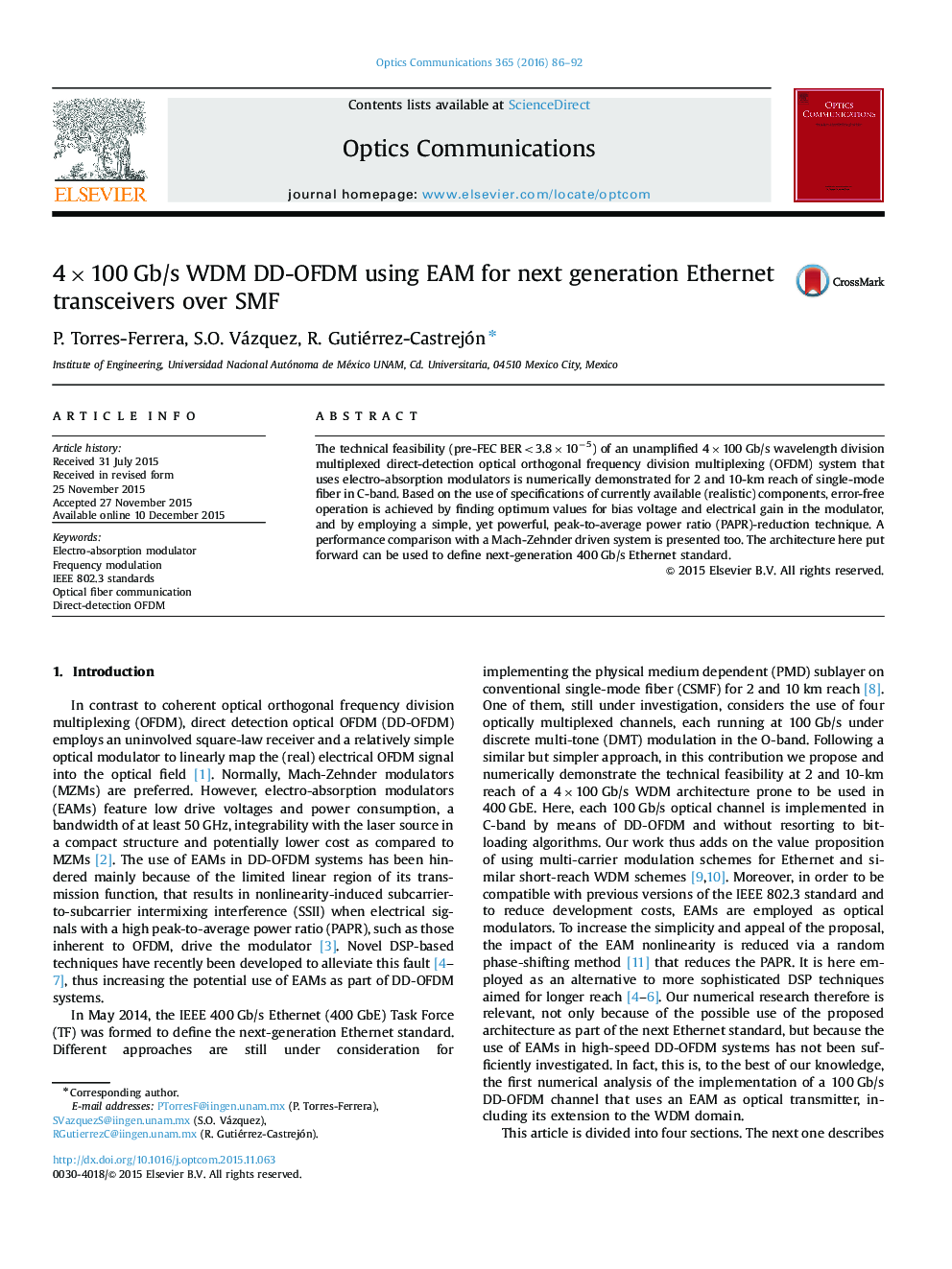 4×100 Gb/s WDM DD-OFDM using EAM for next generation Ethernet transceivers over SMF