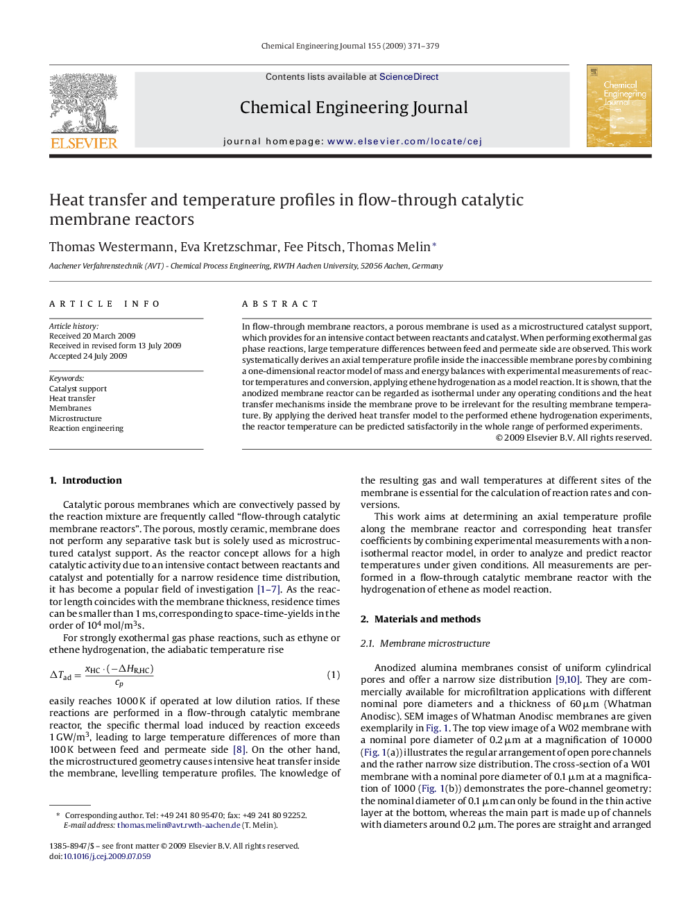 عکس صفحه اول مقاله: Heat transfer and temperature profiles in flow-through catalytic membrane reactors Heat transfer and temperature profiles in flow-through catalytic membrane reactors