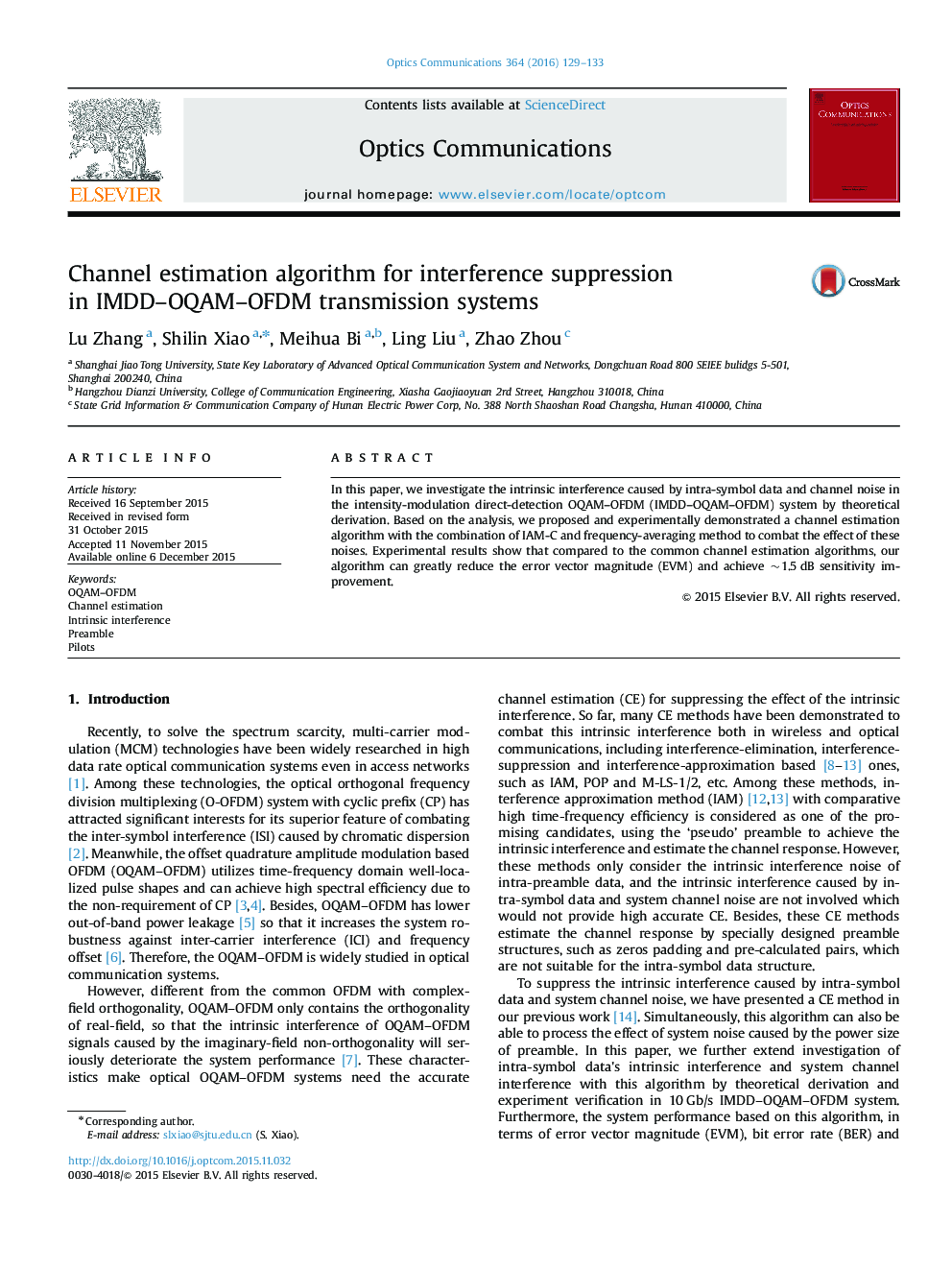 Channel estimation algorithm for interference suppression in IMDD–OQAM–OFDM transmission systems