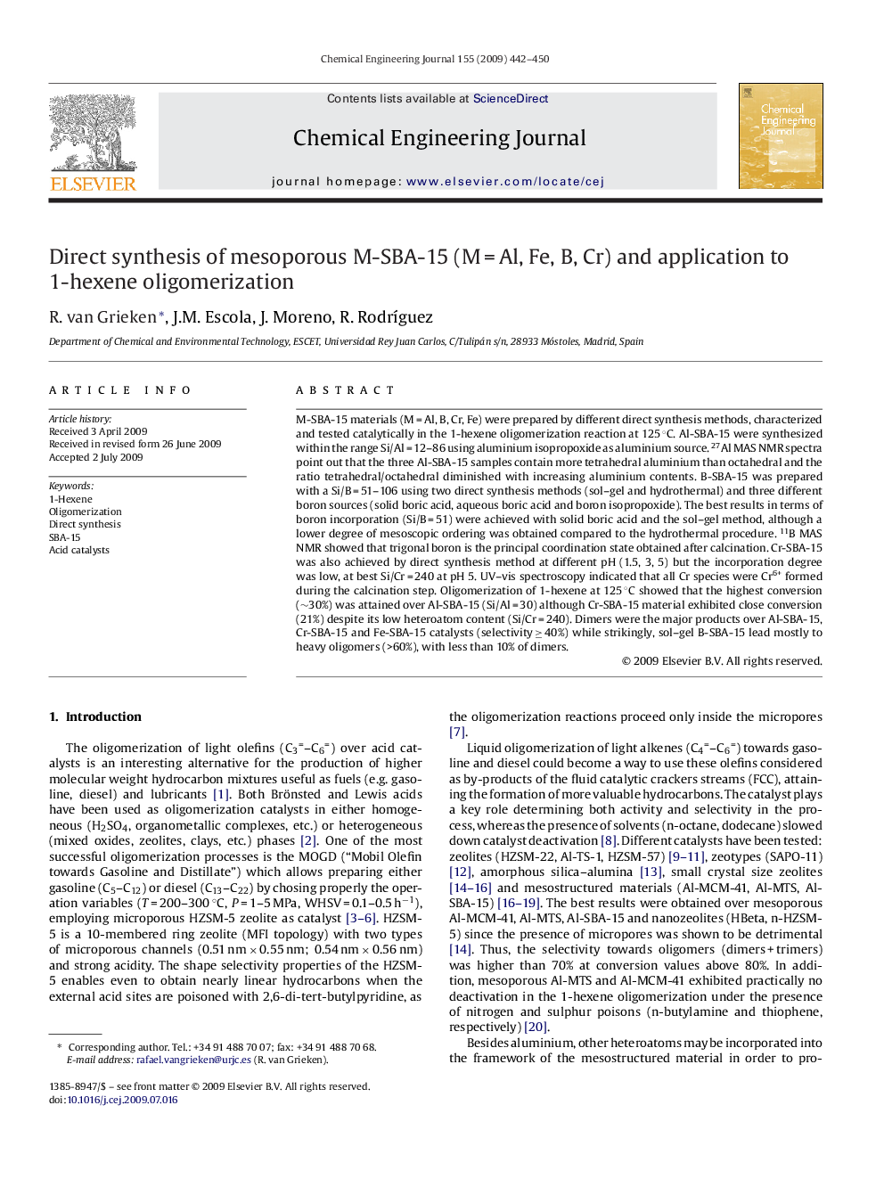Direct synthesis of mesoporous M-SBA-15 (M = Al, Fe, B, Cr) and application to 1-hexene oligomerization
