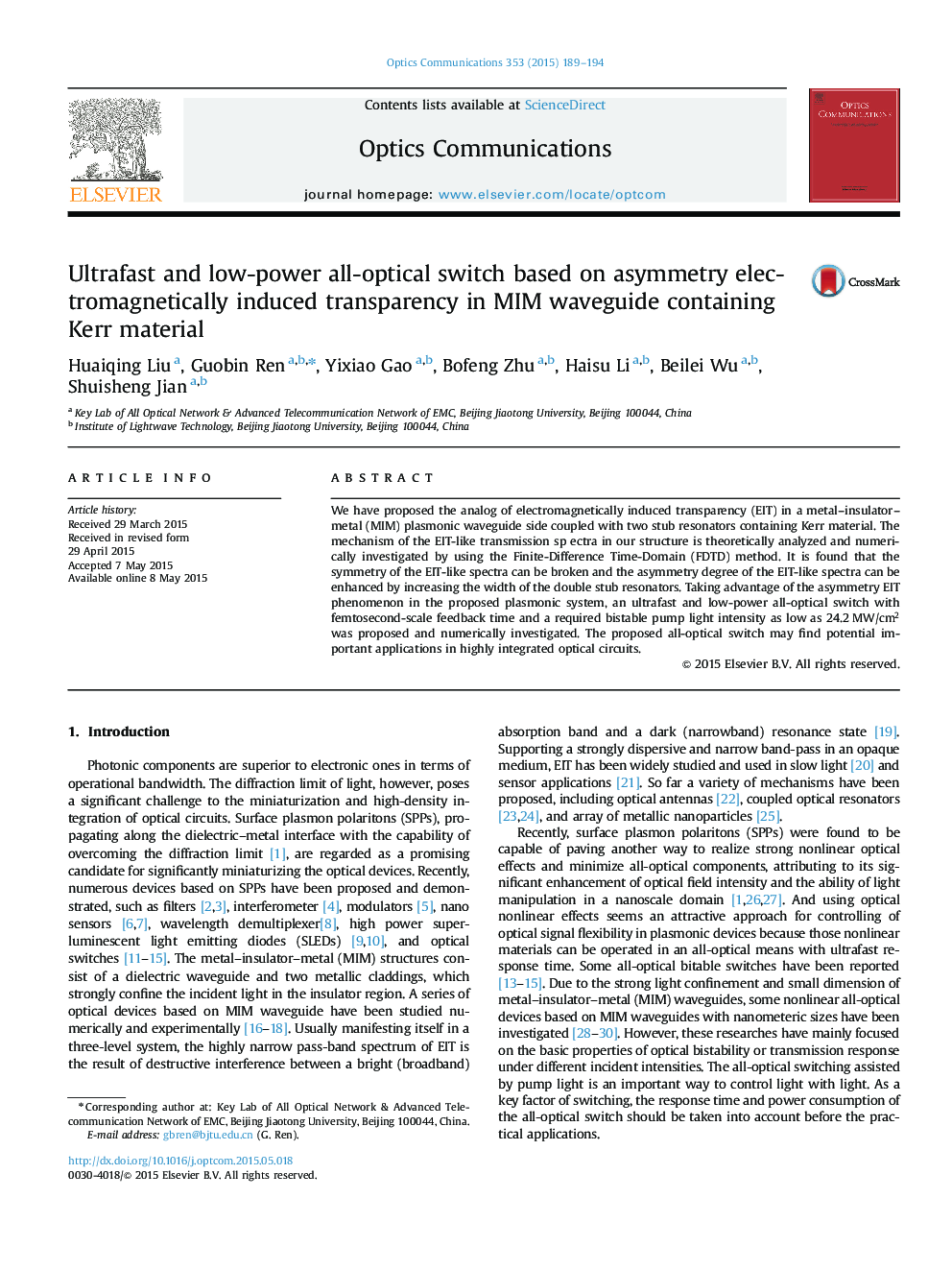 Ultrafast and low-power all-optical switch based on asymmetry electromagnetically induced transparency in MIM waveguide containing Kerr material