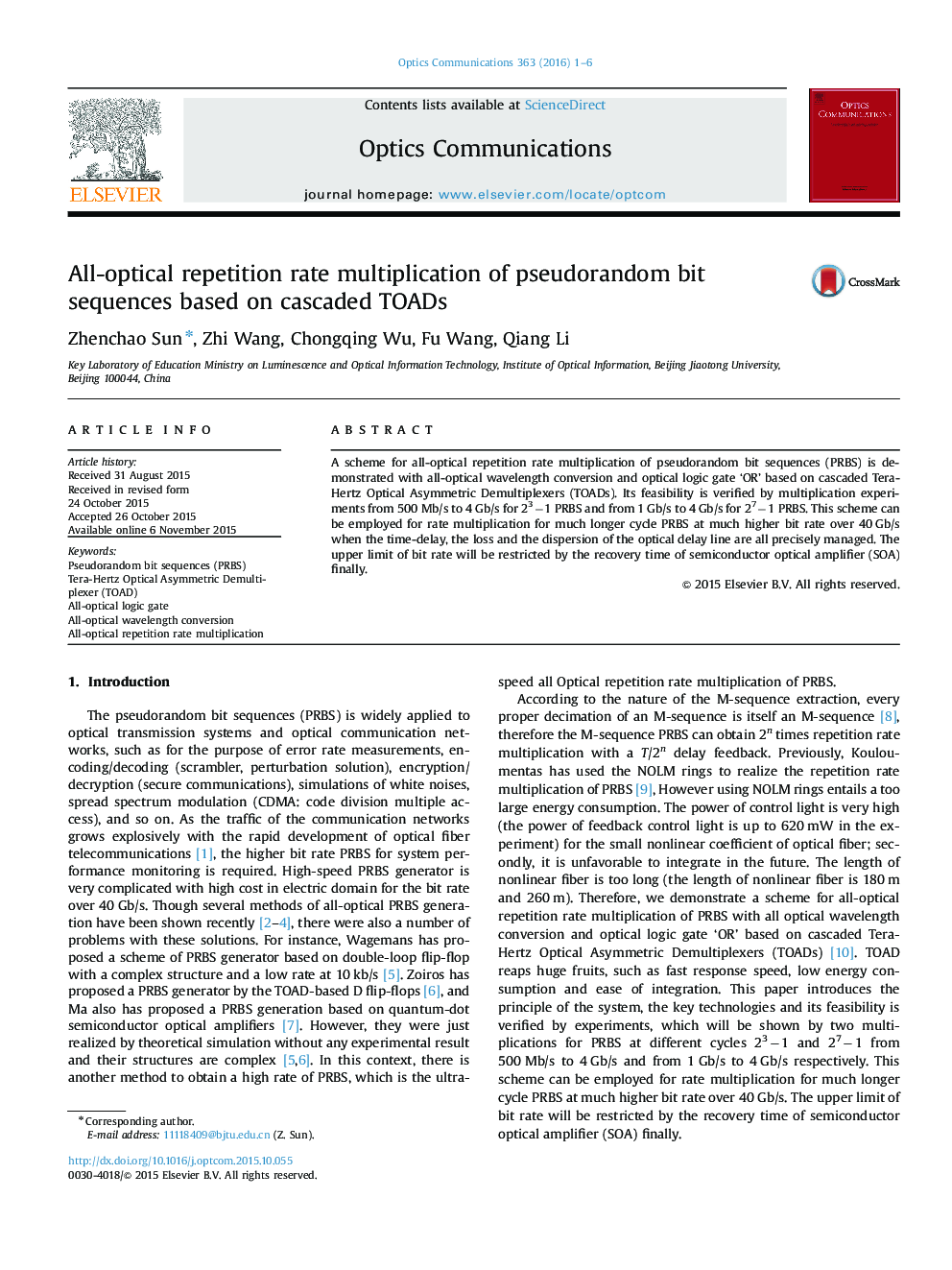 All-optical repetition rate multiplication of pseudorandom bit sequences based on cascaded TOADs