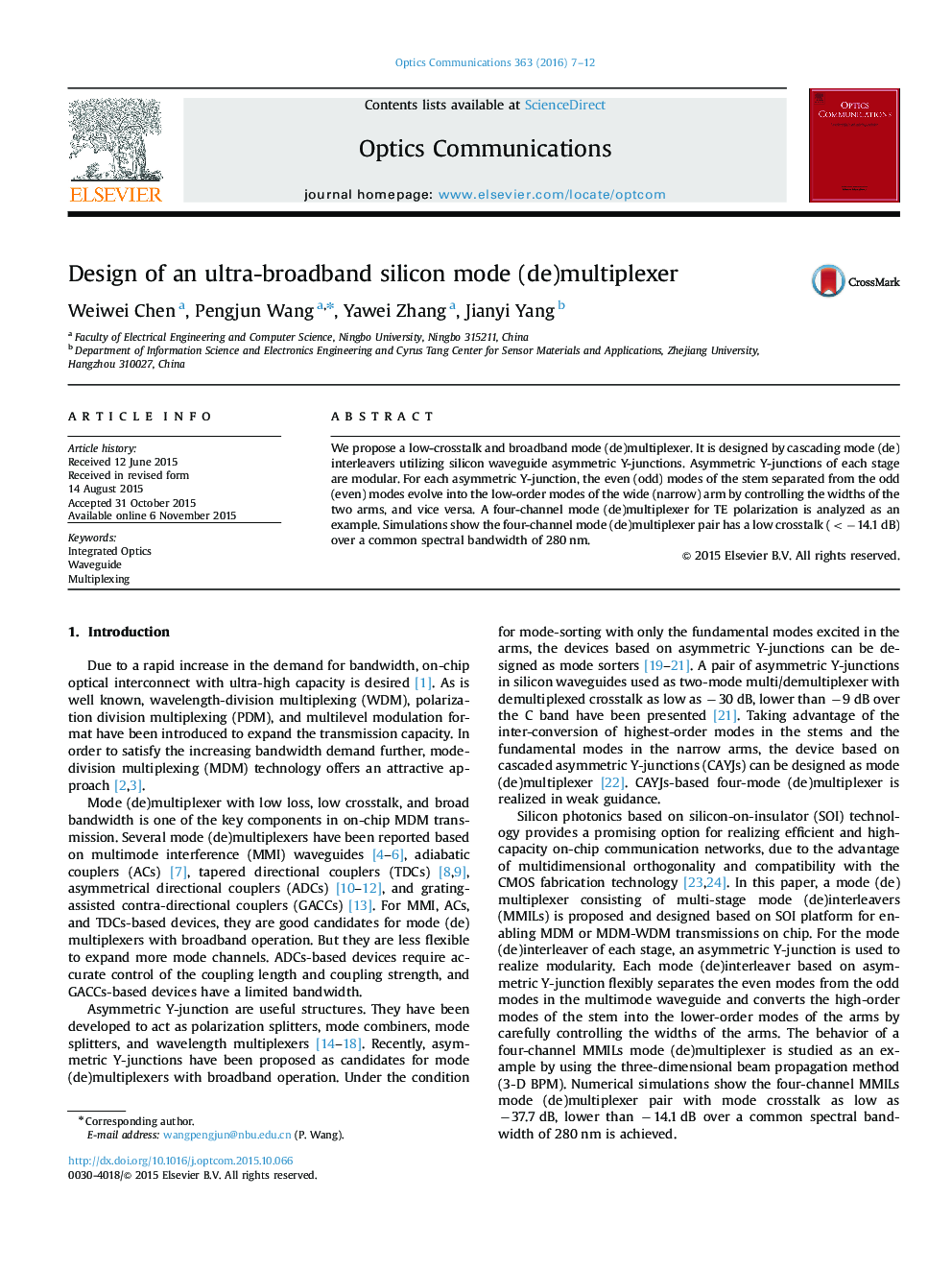 عکس صفحه اول مقاله: Design of an ultra-broadband silicon mode (de)multiplexer Design of an ultra-broadband silicon mode (de)multiplexer