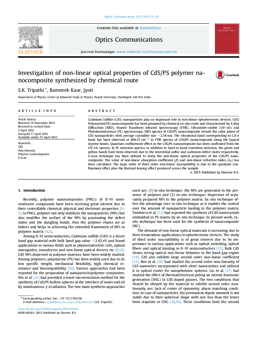 Investigation of non-linear optical properties of CdS/PS polymer nanocomposite synthesized by chemical route