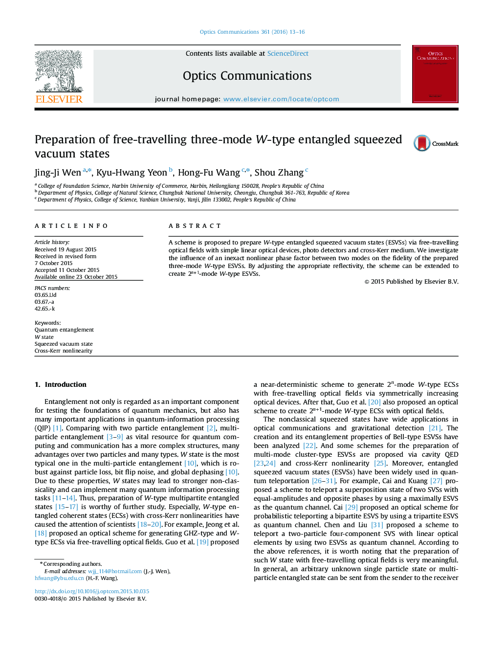 Preparation of free-travelling three-mode W-type entangled squeezed vacuum states