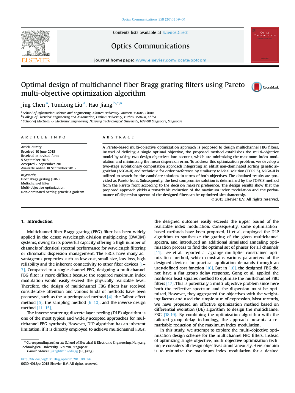 Optimal design of multichannel fiber Bragg grating filters using Pareto multi-objective optimization algorithm