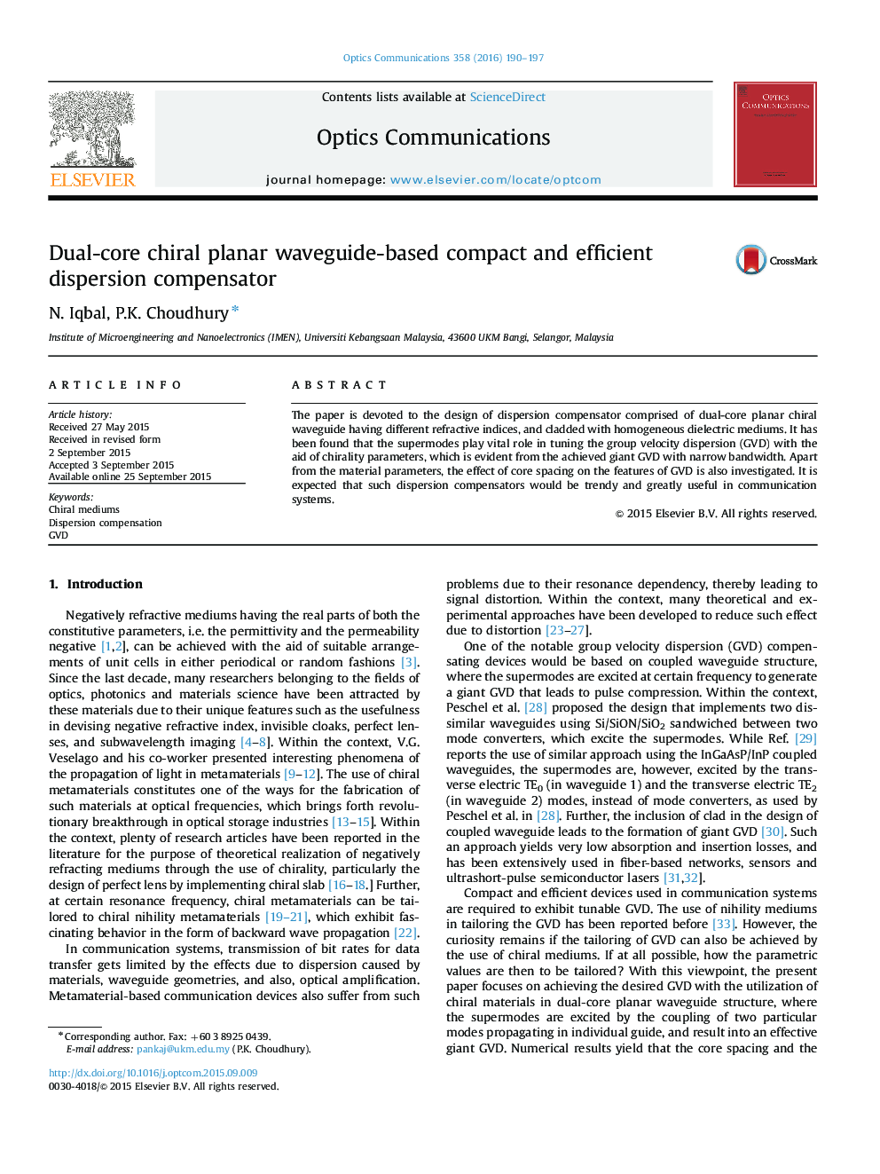 Dual-core chiral planar waveguide-based compact and efficient dispersion compensator