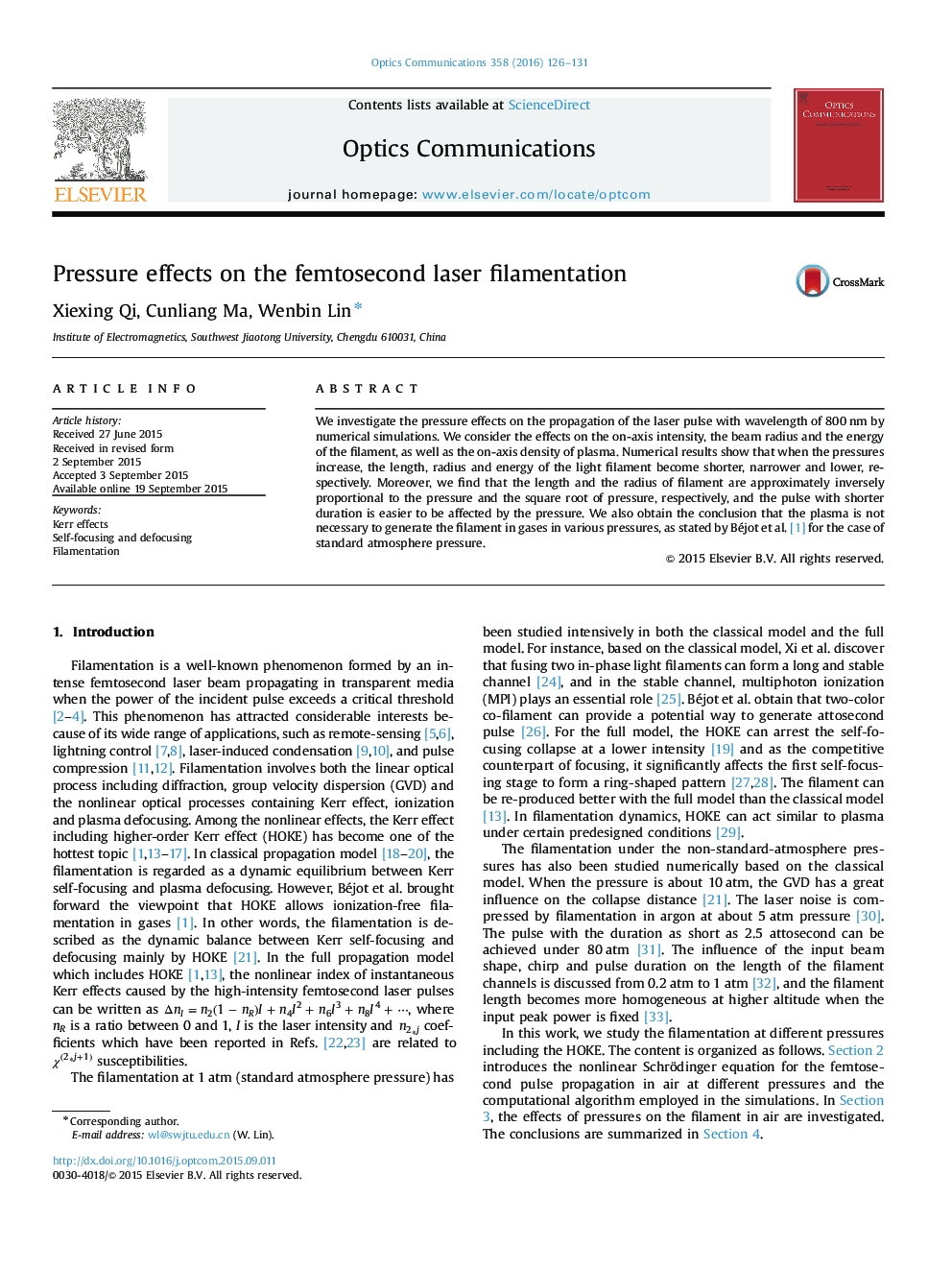 Pressure effects on the femtosecond laser filamentation