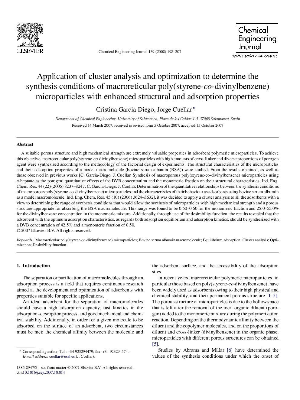 Application of cluster analysis and optimization to determine the synthesis conditions of macroreticular poly(styrene-co-divinylbenzene) microparticles with enhanced structural and adsorption properties