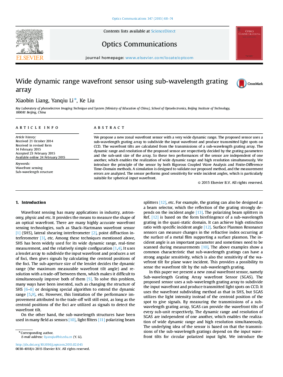 Wide dynamic range wavefront sensor using sub-wavelength grating array