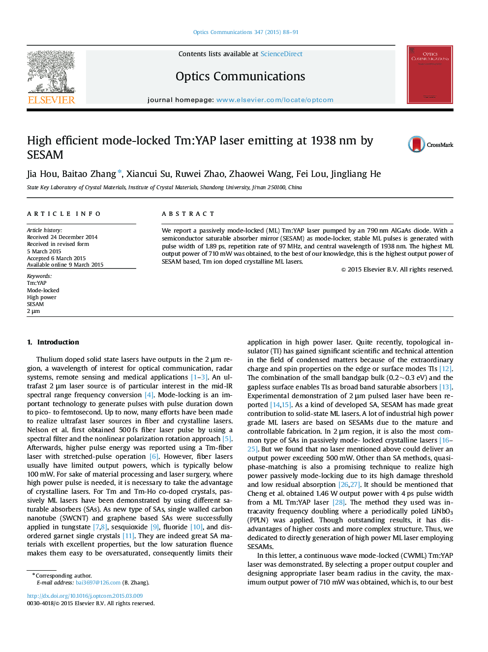 High efficient mode-locked Tm:YAP laser emitting at 1938 nm by SESAM