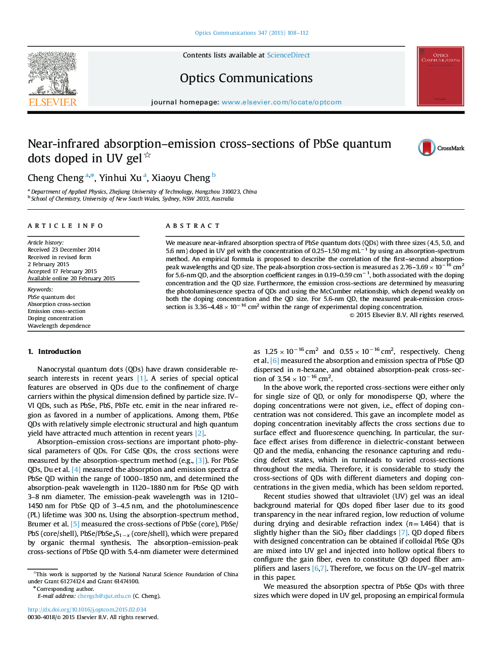 Near-infrared absorption-emission cross-sections of PbSe quantum dots doped in UV gel