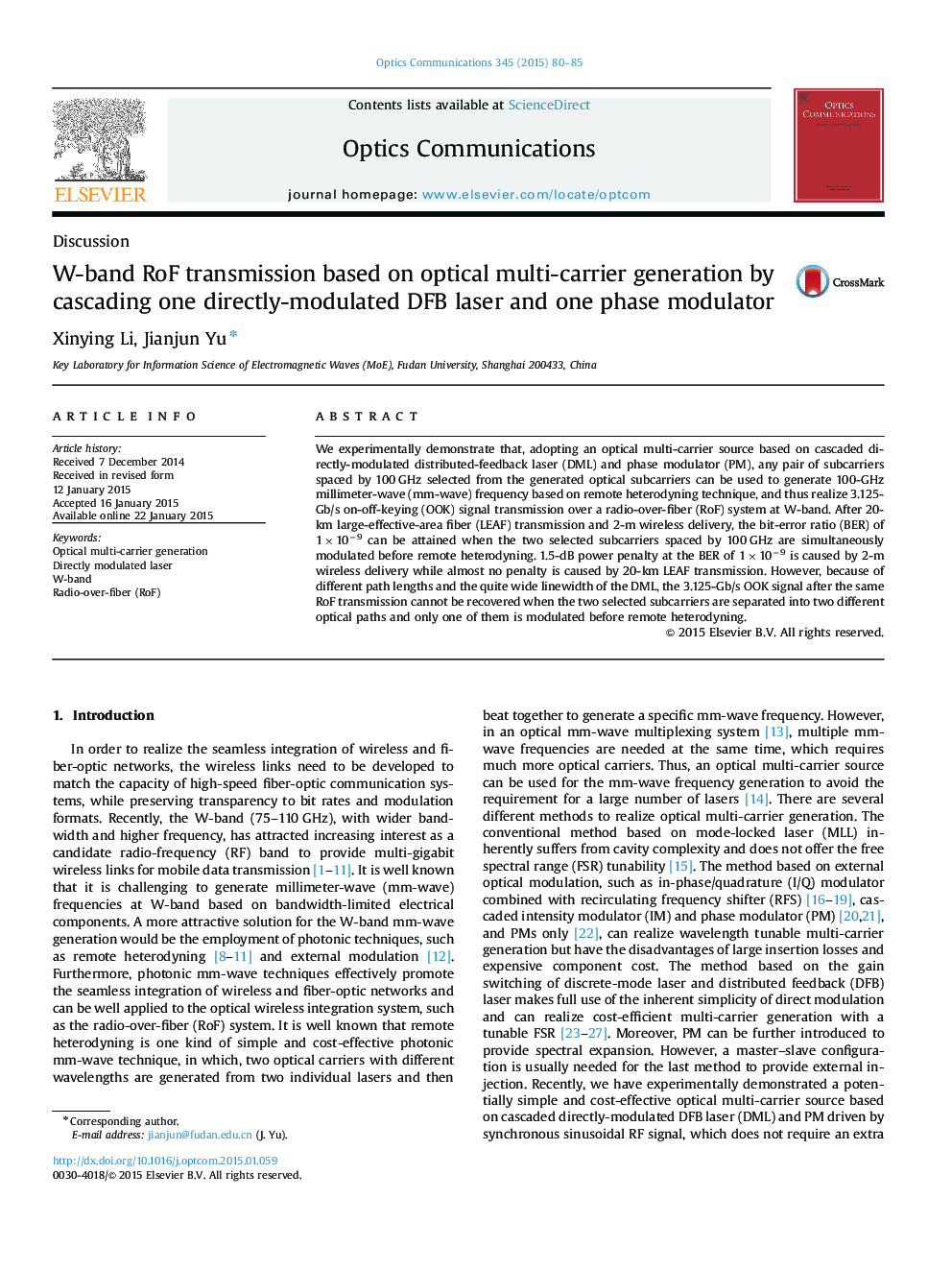 W-band RoF transmission based on optical multi-carrier generation by cascading one directly-modulated DFB laser and one phase modulator